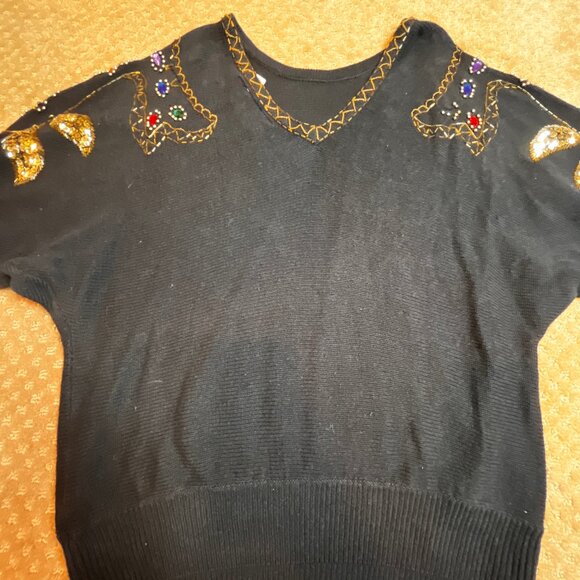 VTG 80/90s Sequin Sweater SZ M Metallic Embroidered Granny Black Paisley Dolman - Picture 7 of 13